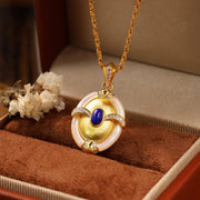 Brushed Gold & Nacre Filled Oval Lapis Lazuli & CZ Pendant Necklace - LGG Jewelry