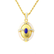 Brushed Gold & Nacre Filled Oval Lapis Lazuli & CZ Pendant Necklace - LGG Jewelry