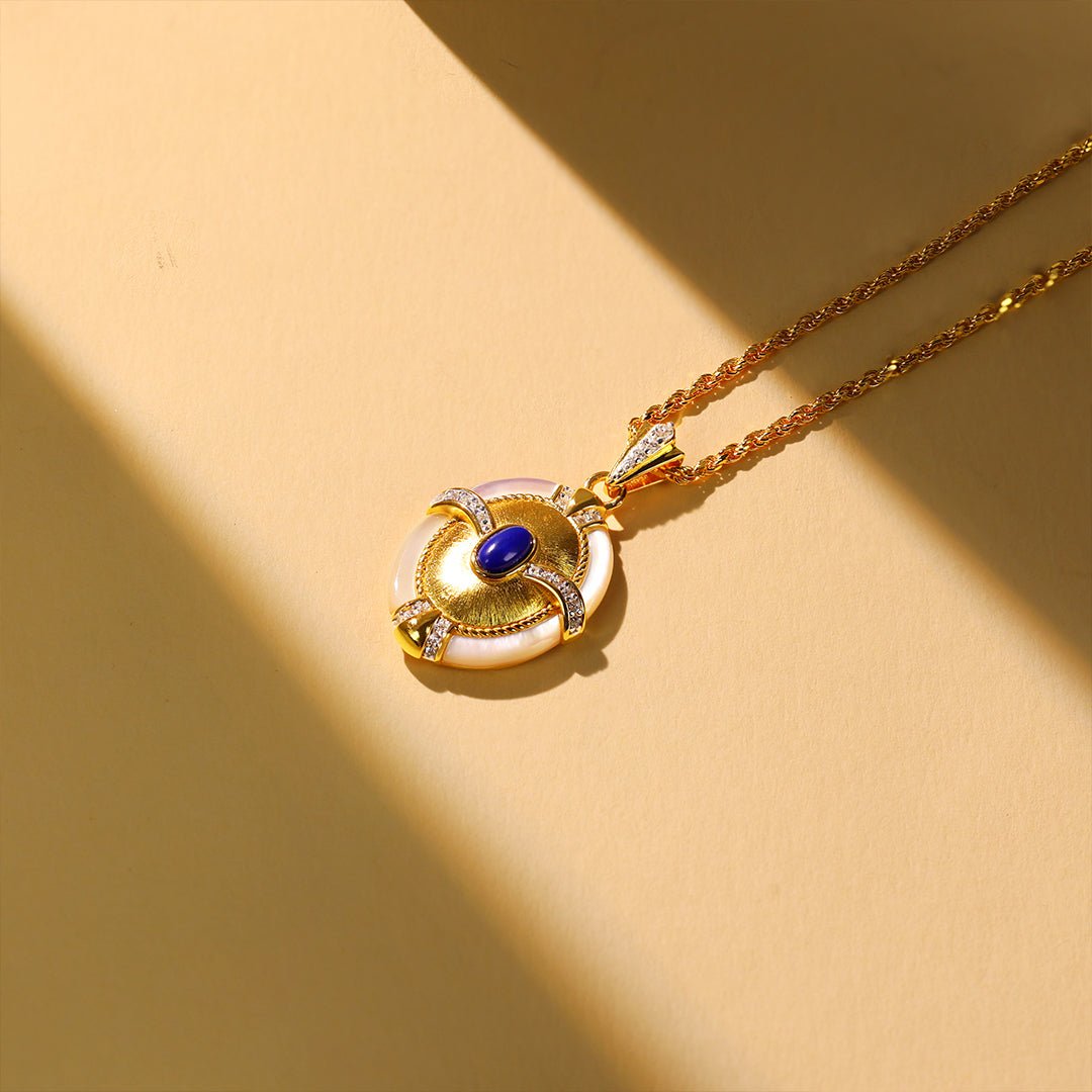 Brushed Gold & Nacre Filled Oval Lapis Lazuli & CZ Pendant Necklace - LGG Jewelry