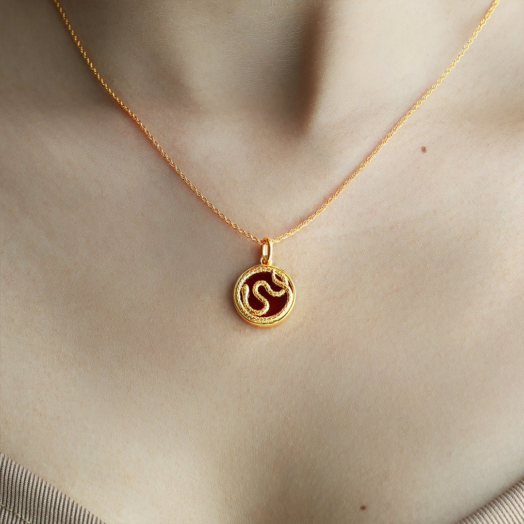 Chinese Zodiac Snake & Red Agate Pendant Necklace - LGG Jewelry