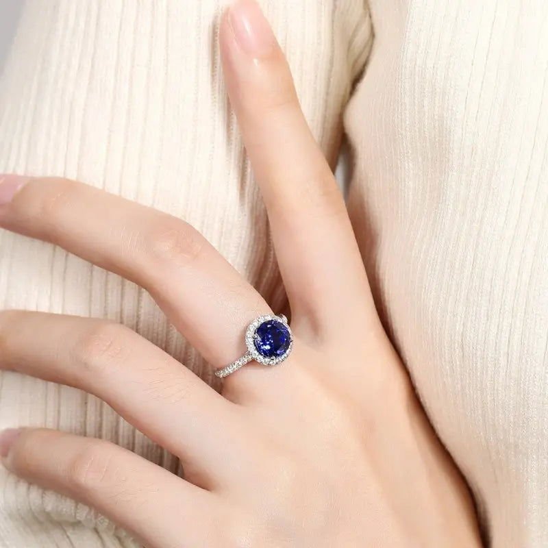Classic 2.9 Ct Round Lab Blue Sapphire Halo Engagement Ring - LGG Jewelry