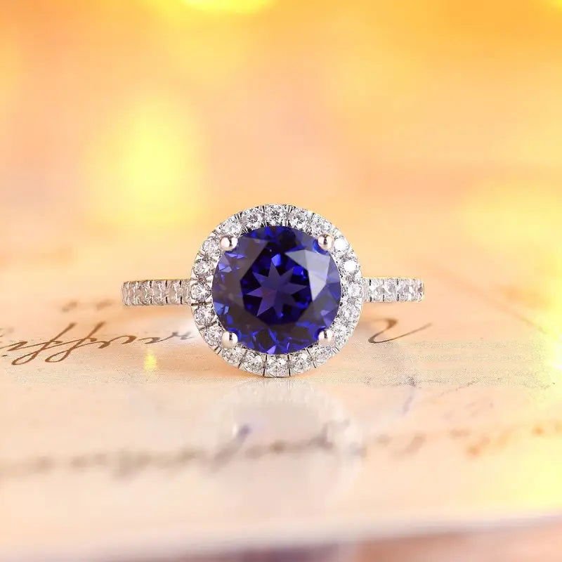 Classic 2.9 Ct Round Lab Blue Sapphire Halo Engagement Ring - LGG Jewelry