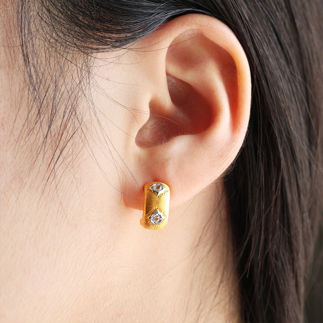 Crescent Brushed Gold Filled with Round CZ Huggie Earrings - LGG Jewelry