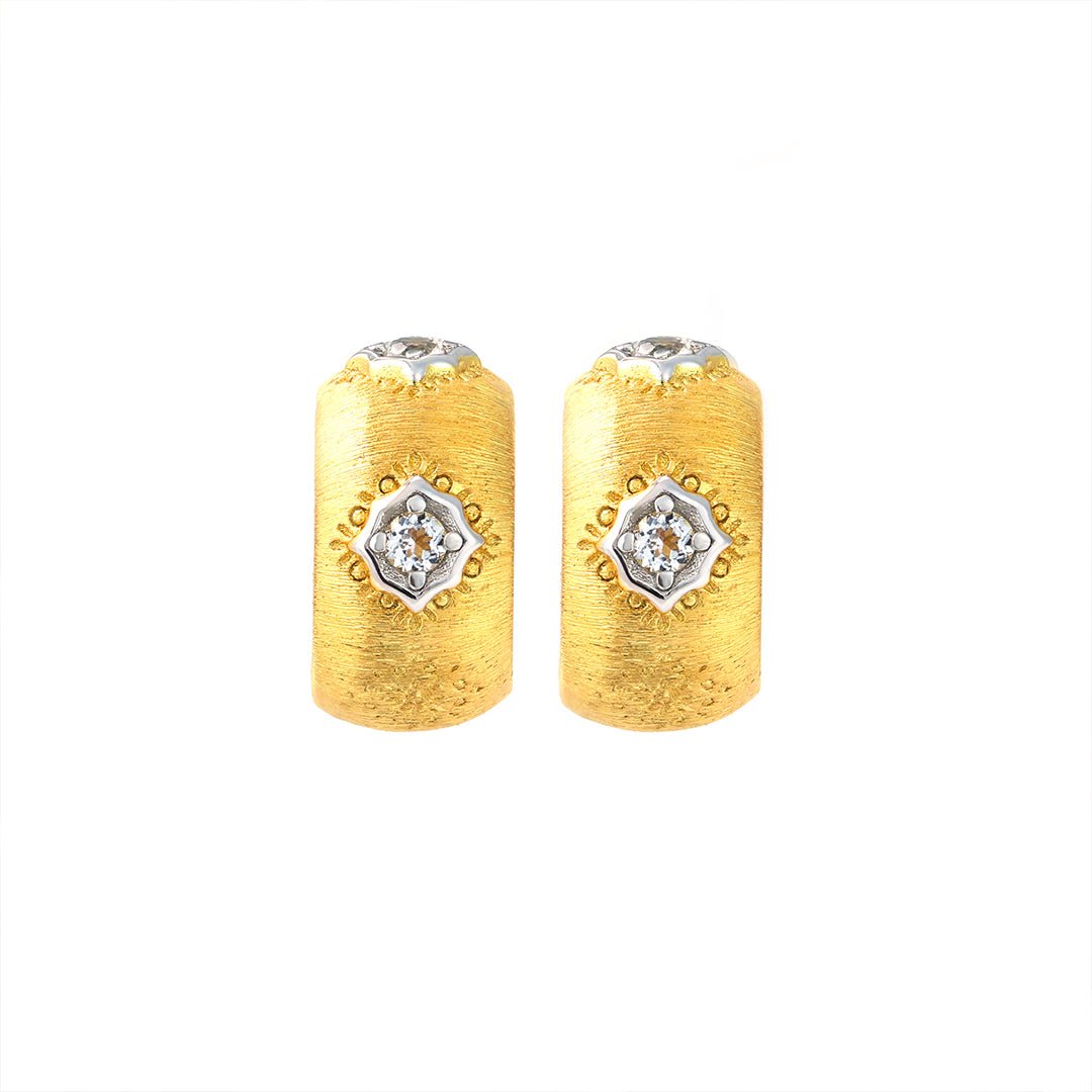 Crescent Brushed Gold Filled with Round CZ Huggie Earrings - LGG Jewelry