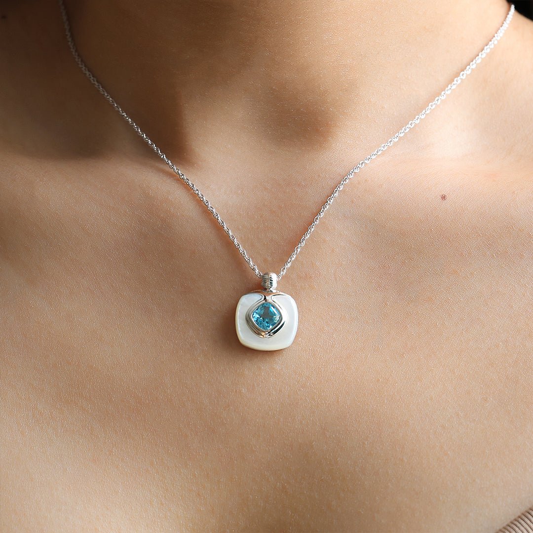 Cushion Blue Topaz & Nacre Pendant Necklace - LGG Jewelry