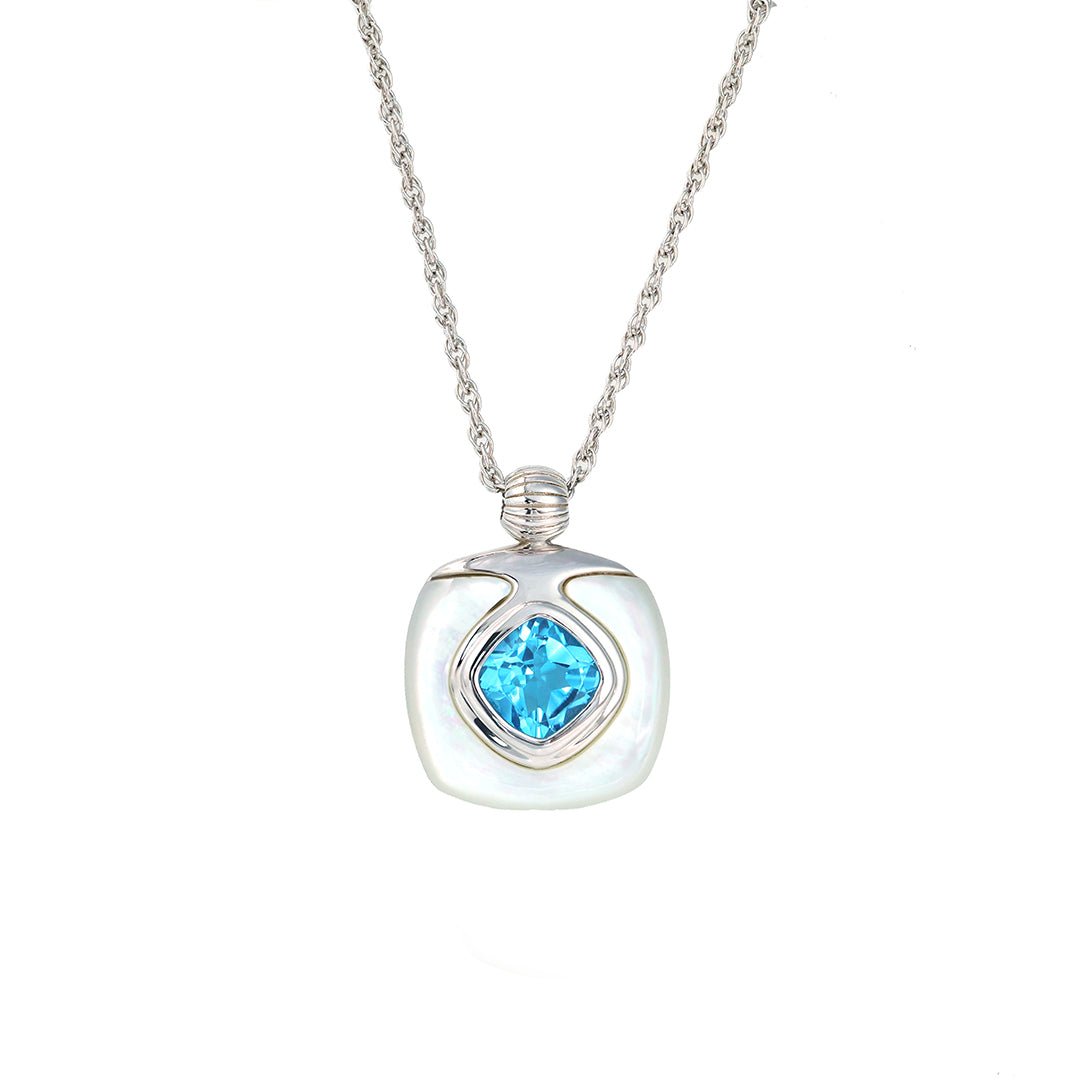 Cushion Blue Topaz & Nacre Pendant Necklace - LGG Jewelry