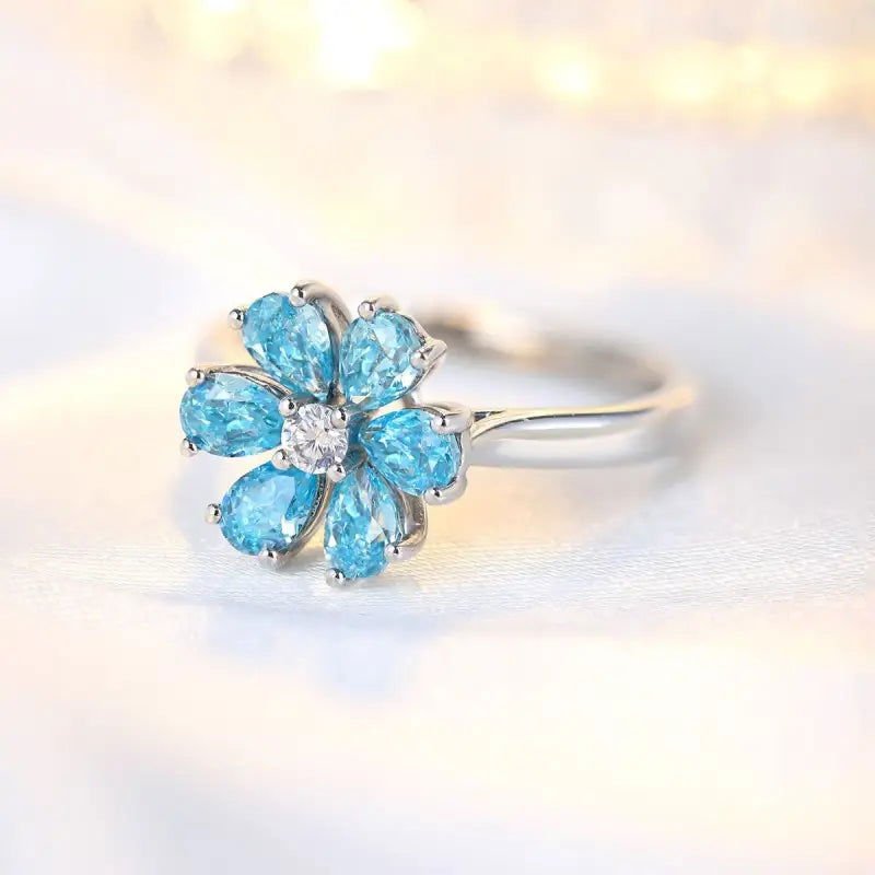Daisy Pear Cut Blue Moissanite Engagement Ring - LGG Jewelry