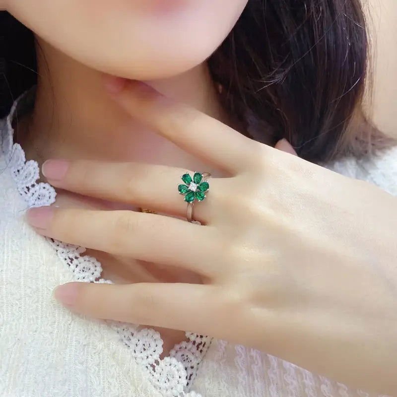 Daisy Pear Cut Lab Emerald Engagement Ring - LGG Jewelry