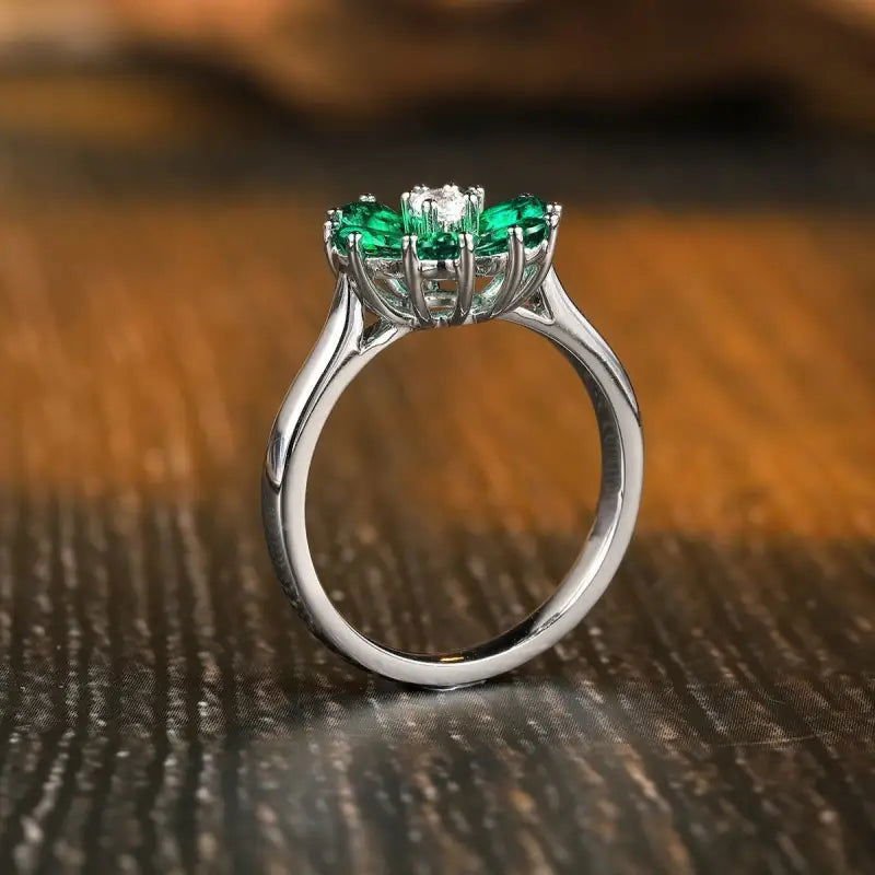 Daisy Pear Cut Lab Emerald Engagement Ring - LGG Jewelry