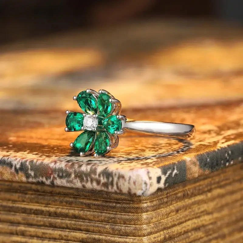 Daisy Pear Cut Lab Emerald Engagement Ring - LGG Jewelry