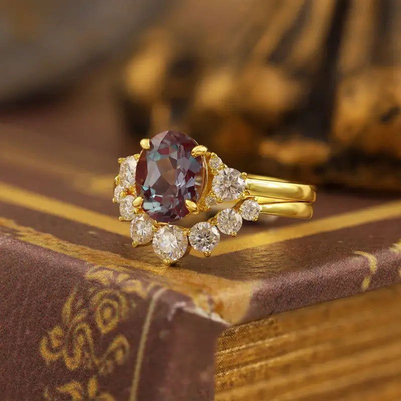 Discoloring Oval Cut Lab Alexandrite Three Stone Bridal Set - 2pcs - LGG Jewelry