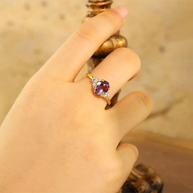 Discoloring Oval Cut Lab Alexandrite Three Stone Engagement Ring - LGG Jewelry