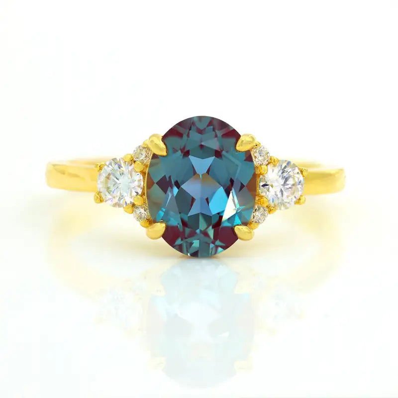Discoloring Oval Cut Lab Alexandrite Three Stone Engagement Ring - LGG Jewelry