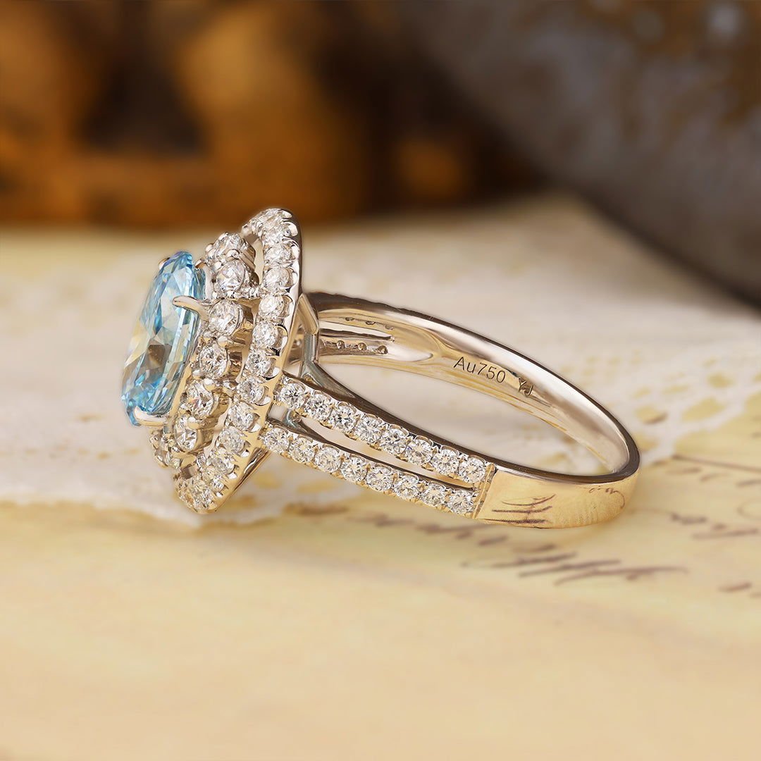 Double Halo 1.37 Ct Oval Cut Fancy Blue Lab Diamond Engagement Ring - LGG Jewelry
