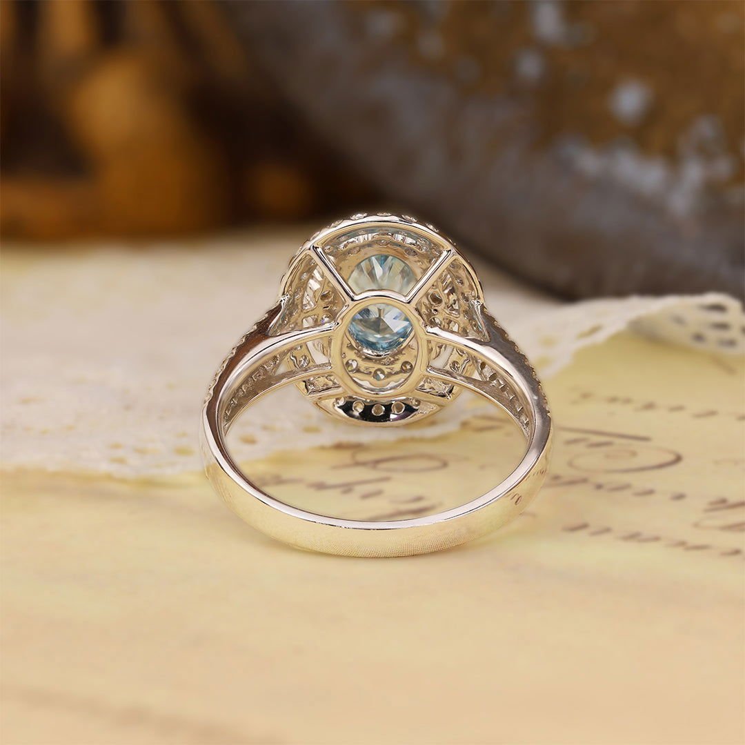 Double Halo 1.37 Ct Oval Cut Fancy Blue Lab Diamond Engagement Ring - LGG Jewelry
