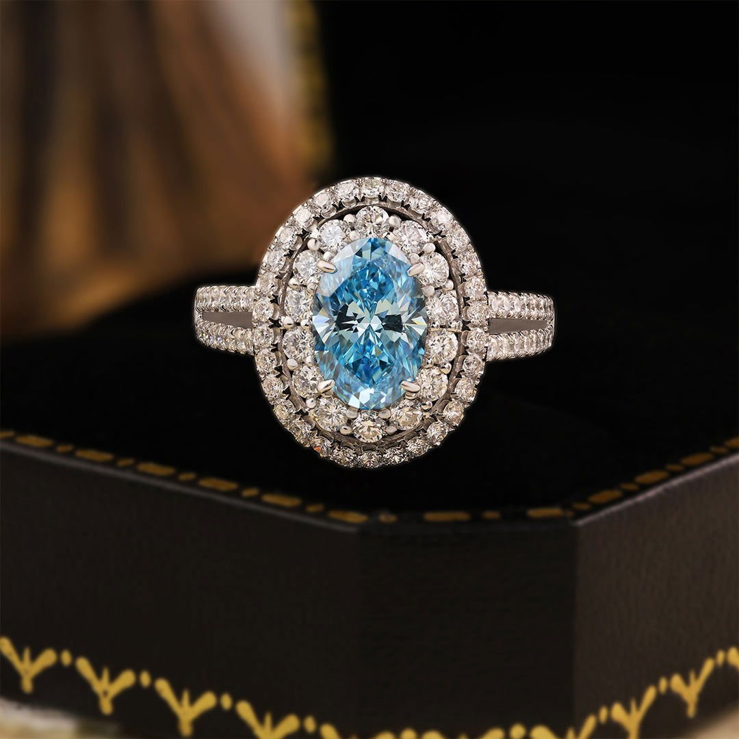 Double Halo 1.37 Ct Oval Cut Fancy Blue Lab Diamond Engagement Ring - LGG Jewelry