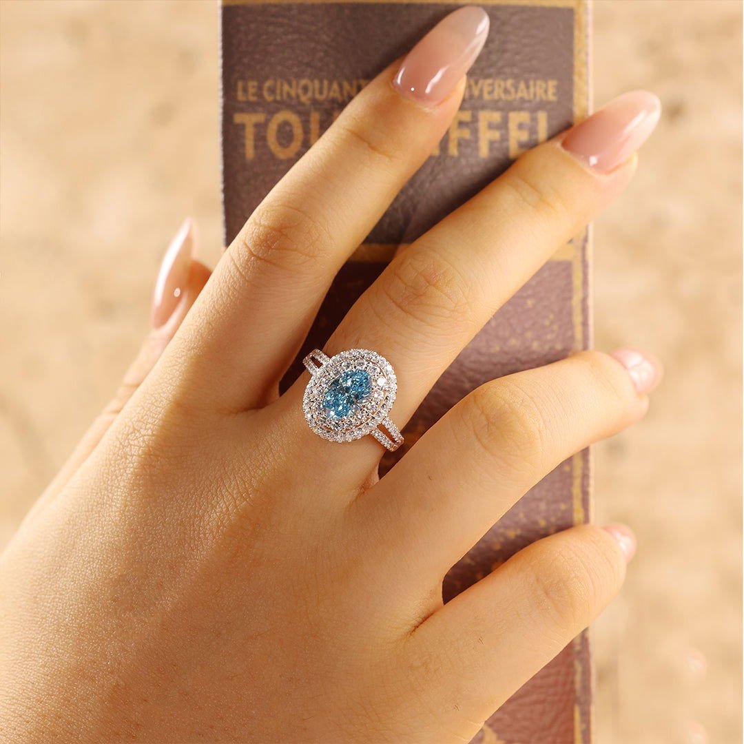 Double Halo 1.37 Ct Oval Cut Fancy Blue Lab Diamond Engagement Ring - LGG Jewelry