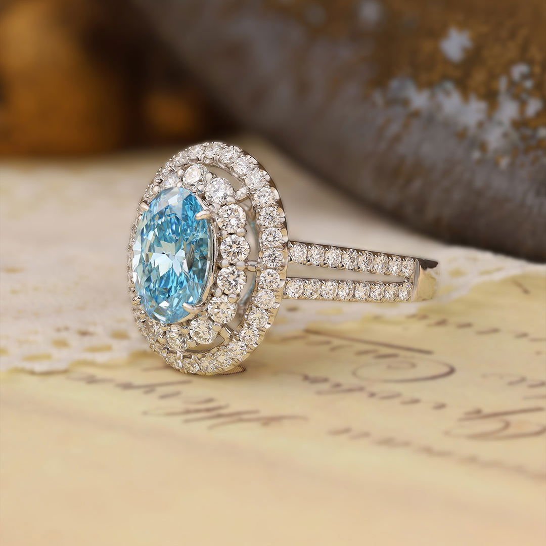 Double Halo 1.37 Ct Oval Cut Fancy Blue Lab Diamond Engagement Ring - LGG Jewelry