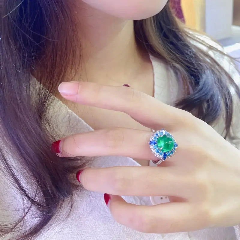Double Halo 4.5 Ct Round Lab Emerald Engagement Ring - LGG Jewelry