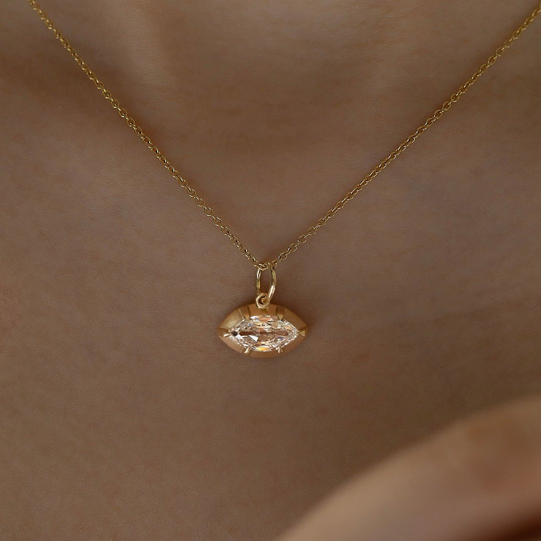 East-west 1.5 Ct OMC Marquise cut Lab diamond Matte Gold Bezel & prongs pendant Necklace - LGG Jewelry