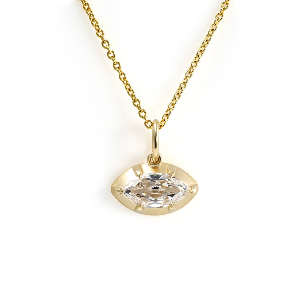 East-west 1.5 Ct OMC Marquise cut Lab diamond Matte Gold Bezel & prongs pendant Necklace - LGG Jewelry