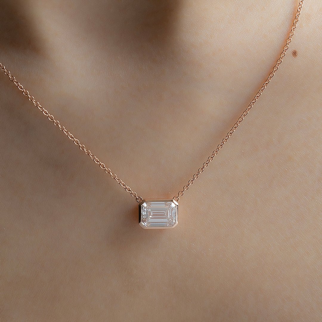 East-west 2 Ct Emerald Cut Lab Diamond Bezel Pendant Necklace - LGG Jewelry