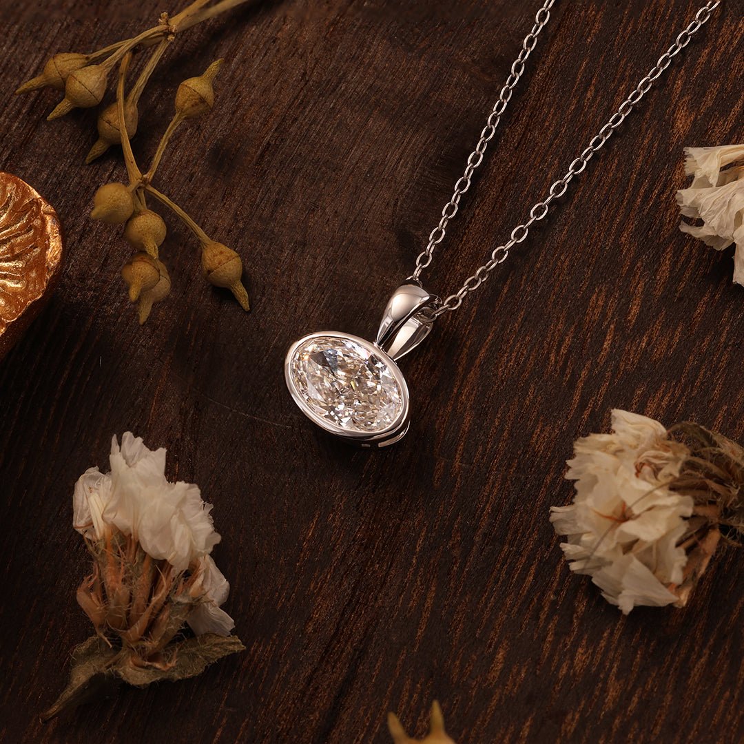 East-west 2 Ct Oval Cut Lab Diamond Bezel Pendant Necklace - LGG Jewelry