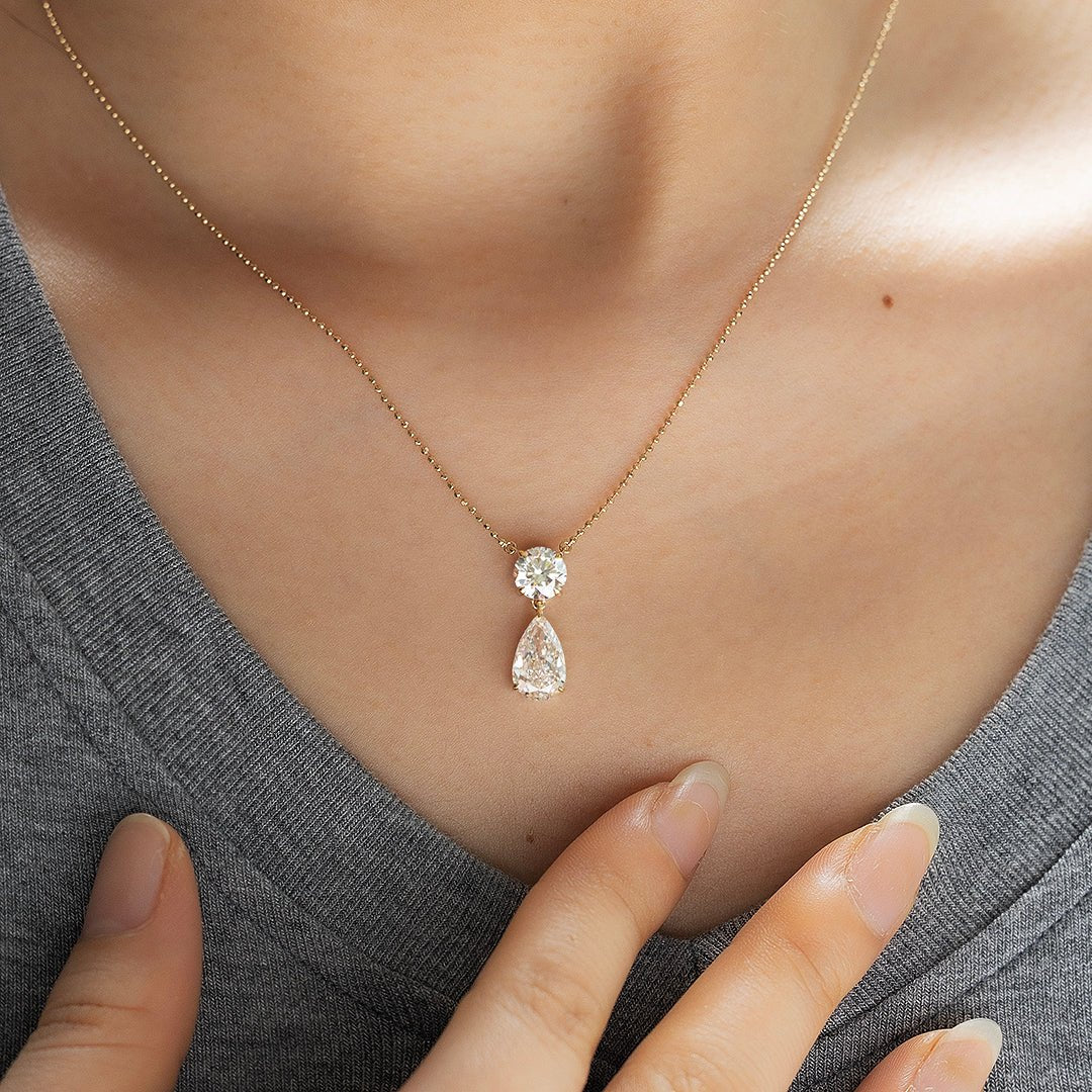 Elegant 1 Ct Round Cut & 2 Ct Pear Cut Drop Pendant Necklace - LGG Jewelry