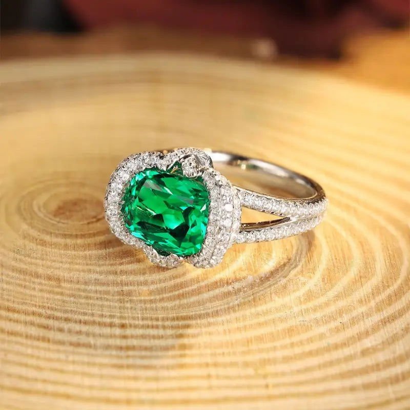 Elegant bezel 3.5 Ct Cushion Cut Lab Emerald Engagement Ring - LGG Jewelry