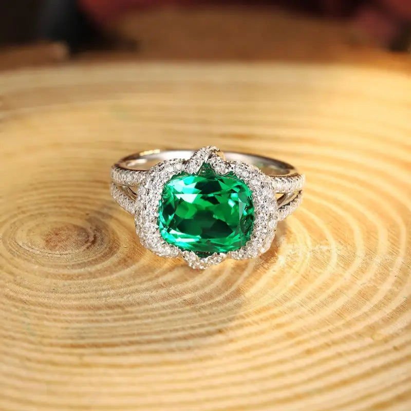 Elegant bezel 3.5 Ct Cushion Cut Lab Emerald Engagement Ring - LGG Jewelry