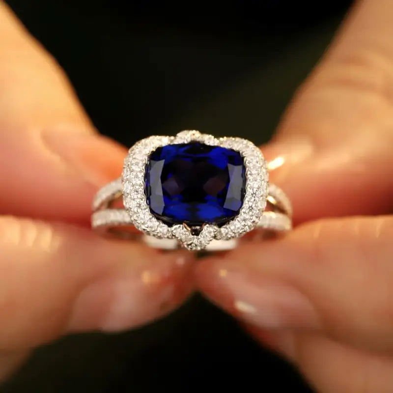 Elegant bezel 4 Ct Cushion Cut Lab Blue Sapphire Engagement Ring - LGG Jewelry
