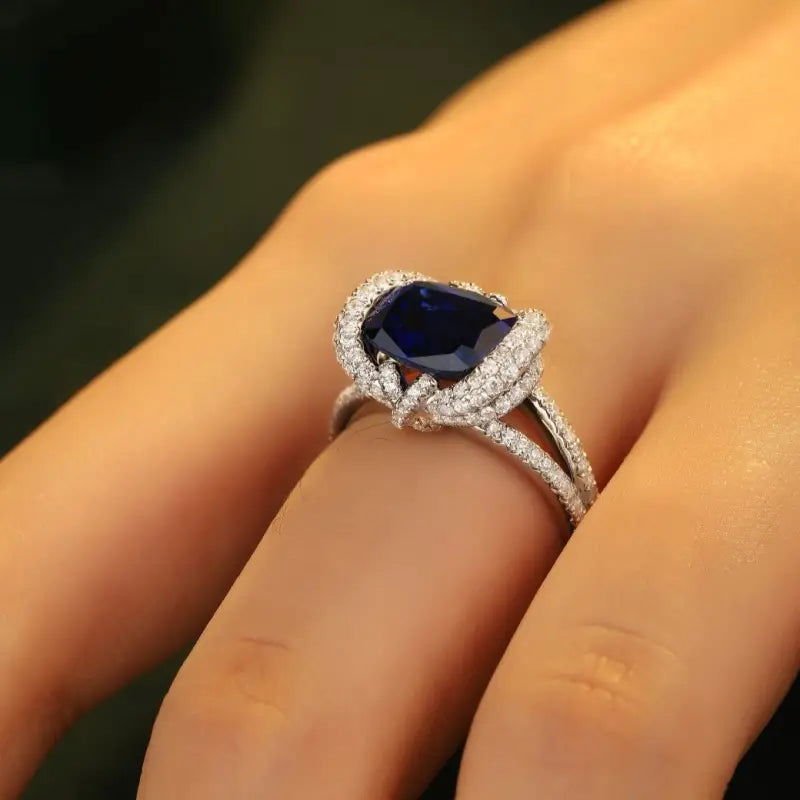 Elegant bezel 4 Ct Cushion Cut Lab Blue Sapphire Engagement Ring - LGG Jewelry