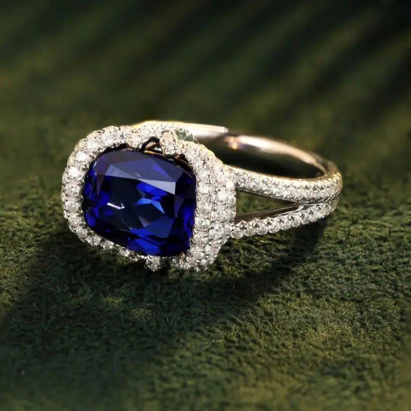 Elegant bezel 4 Ct Cushion Cut Lab Blue Sapphire Engagement Ring - LGG Jewelry
