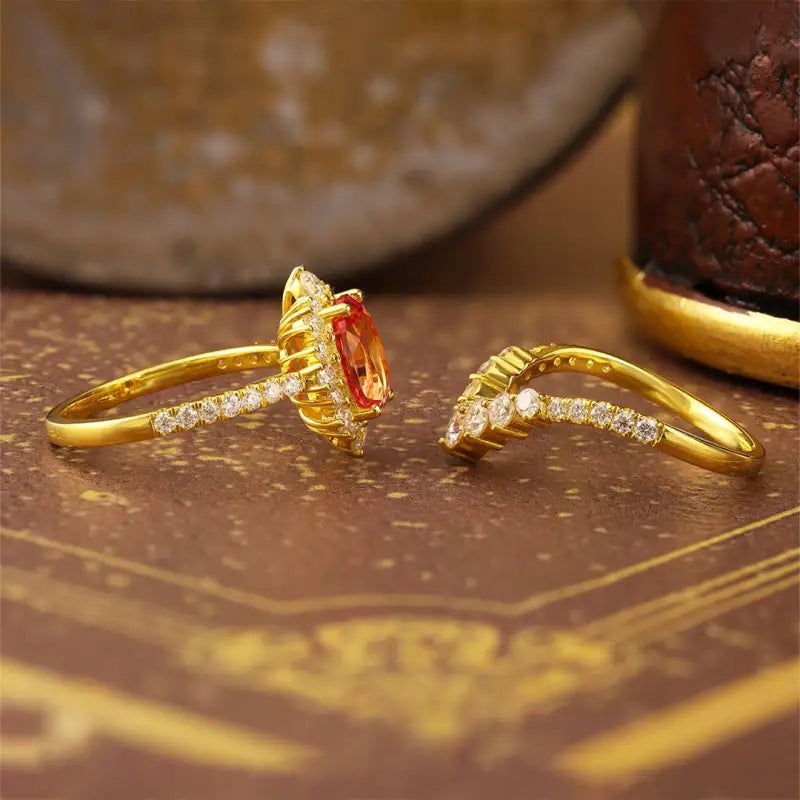 Elegant Vintage Oval Cut Lab Padparascha Bridal Rings - 2pcs - LGG Jewelry