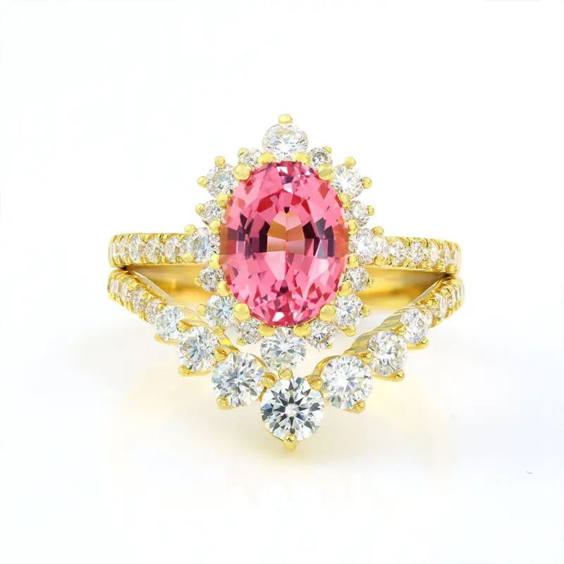 Elegant Vintage Oval Cut Lab Padparascha Bridal Rings - 2pcs - LGG Jewelry
