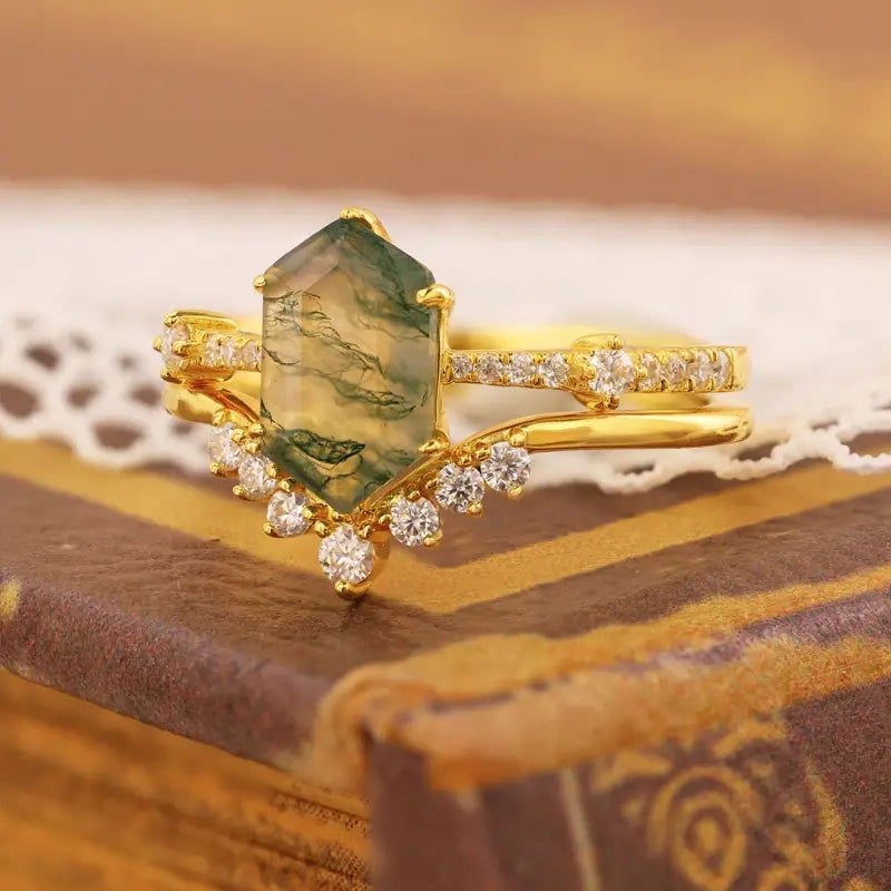 Elongated Hexagon Moss Agate Bridal Ring Set - 2pcs - LGG Jewelry