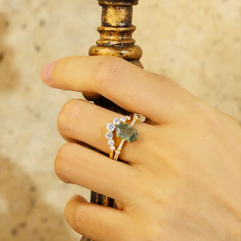 Elongated Hexagon Moss Agate Bridal Ring Set - 2pcs - LGG Jewelry