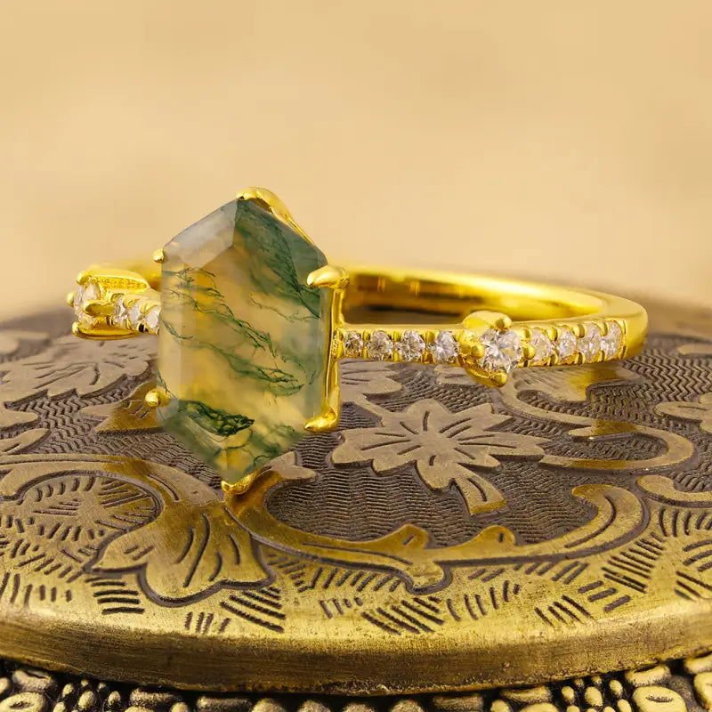 Elongated Hexagon Moss Agate Solitaire Engagement Ring - LGG Jewelry