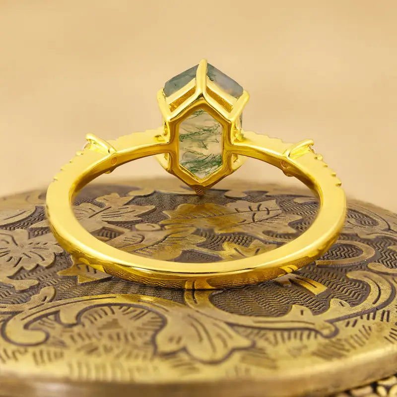 Elongated Hexagon Moss Agate Solitaire Engagement Ring - LGG Jewelry