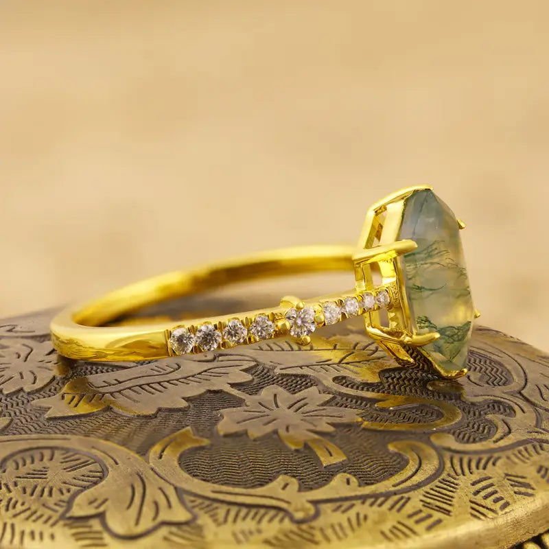 Elongated Hexagon Moss Agate Solitaire Engagement Ring - LGG Jewelry