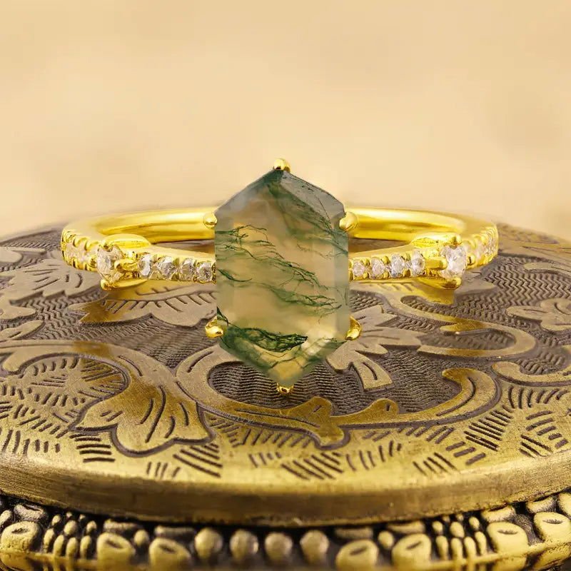 Elongated Hexagon Moss Agate Solitaire Engagement Ring - LGG Jewelry
