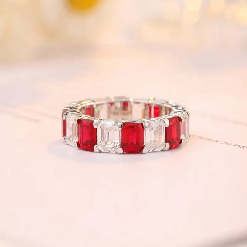 Emerald Cut Pigeon Blood Lab Ruby Alternating Eternity Band - LGG Jewelry