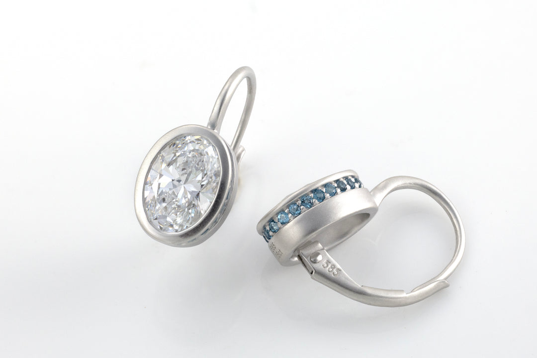 Matte Bezel Oval Cut Lab Diamond Dangle Earrings with Lab Blue Sapphire Hidden Halo