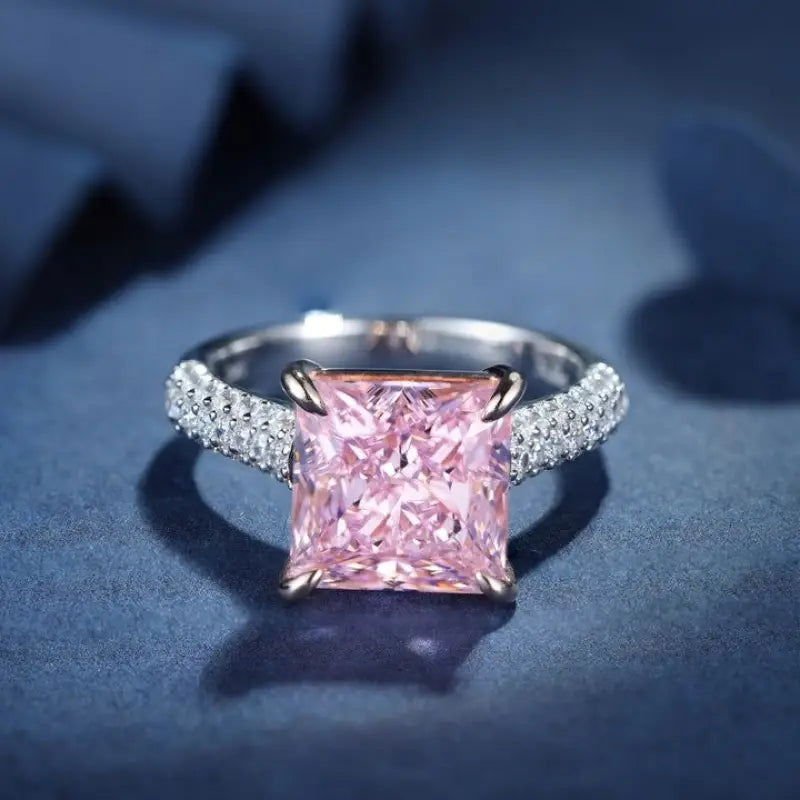 Fancy Vivid Pink 4 Ct Princess Cut Lab Diamond Half Luxury Pave Engagement Ring (Setting Price Only) - LGG Jewelry