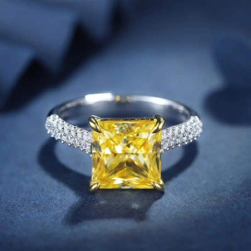 Fancy Vivid Yellow 4 Ct Princess Cut Lab Diamond Half Luxury Pave Engagement Ring (Setting Price Only) - LGG Jewelry
