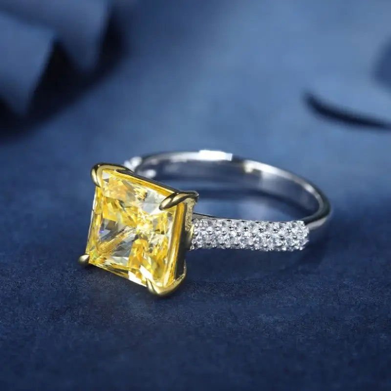 Fancy Vivid Yellow 4 Ct Princess Cut Lab Diamond Half Luxury Pave Engagement Ring (Setting Price Only) - LGG Jewelry