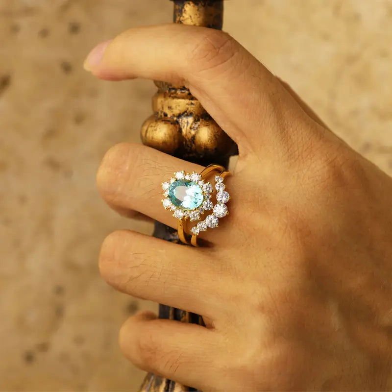 Floral Cluster 2 Ct Oval Lab Paraiba Bridal Ring Set - 2pcs - LGG Jewelry