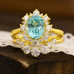 Lade Bild in die Galerieansicht, Floral Cluster 2 Ct Oval Lab Paraiba Bridal Ring Set - 2pcs - LGG Jewelry