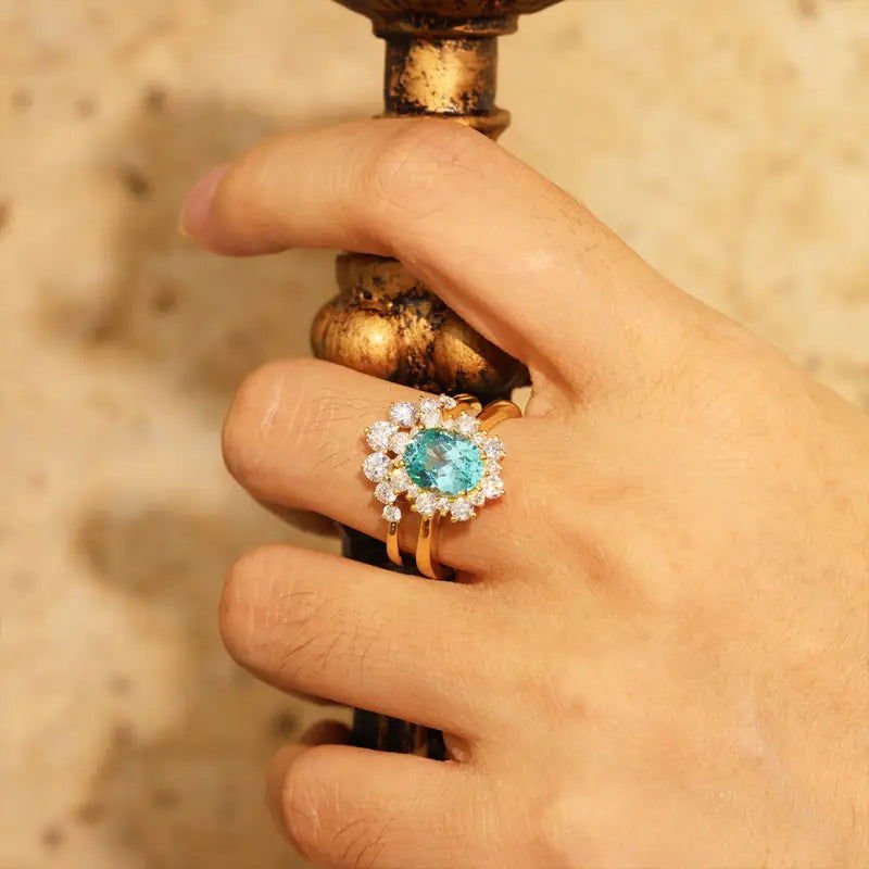 Floral Cluster 2 Ct Oval Lab Paraiba Bridal Ring Set - 2pcs - LGG Jewelry