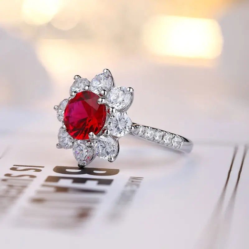 Floral Cluster 2.5 Ct Round Lab Ruby Engagement Ring - LGG Jewelry